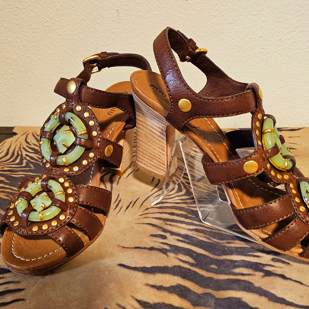 Miu Miu PRADA Sim.Jade Stone Emb.Brown Sandal 8.5 NEW Vintage